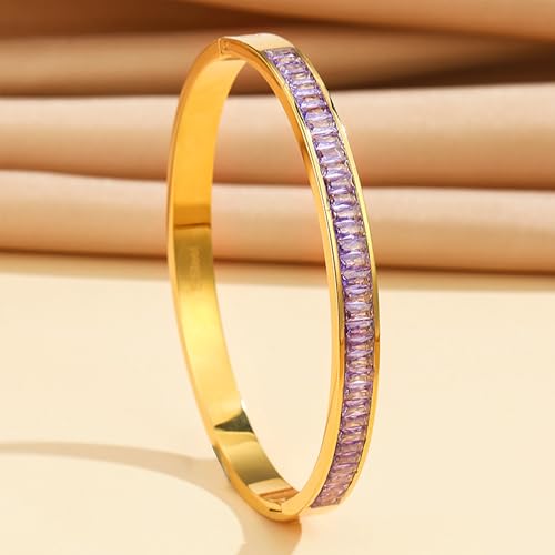 Gold Rhinestone Bangles Bracelets for Women, Chunky Crystal Stainless Steel Stackable Cuff Bracelet Prom Fashion Jewelry Gift - color: Purple
