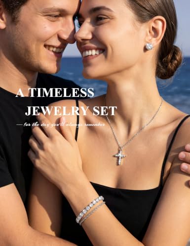 Jewelry Set for Women, 7 Pcs Necklace Earrings Bracelet Set | Crown Cross Necklace,CZ Stud Earrings,Layered Bracelets,Accessories,Adjustable Jewelry,Wedding and Daily Wear,Gold & Silver - color: SILVER