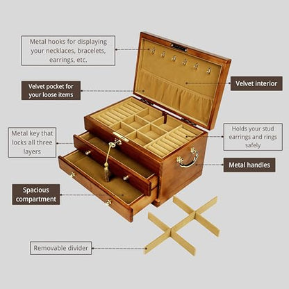 Wooden Jewelry Box with Lock and Key, Medium Size Case, 2 Drawers | Real Natural Wood Lockable Antique Organizer with Large Storage, Ring Compartments, Necklace Hooks
