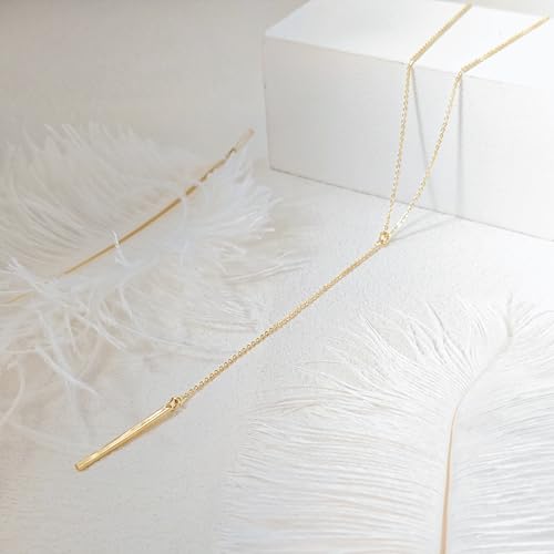 Luxval Lariat Gold Necklace for Women, Dainty Long Necklace 14k Gold Plated/Silver Y-Shaped Pendant Necklaces Trendy Beaded Chain Drop Necklaces Jewelry for Women Gifts - color: Gold-long bar