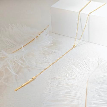 Luxval Lariat Gold Necklace for Women, Dainty Long Necklace 14k Gold Plated/Silver Y-Shaped Pendant Necklaces Trendy Beaded Chain Drop Necklaces Jewelry for Women Gifts - color: Gold-long bar