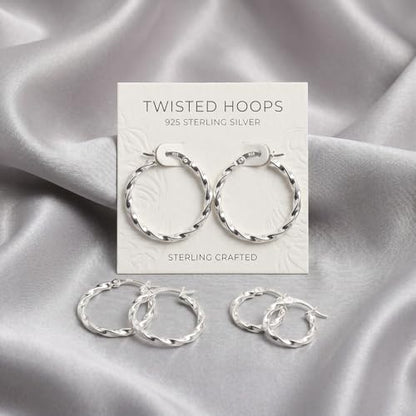 Charmsy Set of 3 Pairs 925 Sterling Silver Hoop Earrings for Women | Lightweight Italian 2.5mm Tube Diamond-Cut Classic Texured Click-Top Hoops Earring | Size 12/13/15/18/20/25mm - color: Twist-15/20/25mm