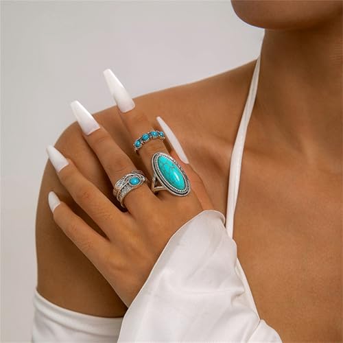 Bohemian Turquoise Ring Set for Women,Vintage Western Rings Chunky Turquoise Opal Stackable Knuckle Ring Set Punk Midi Finger Ring Pack Boho - style: Ring set-A