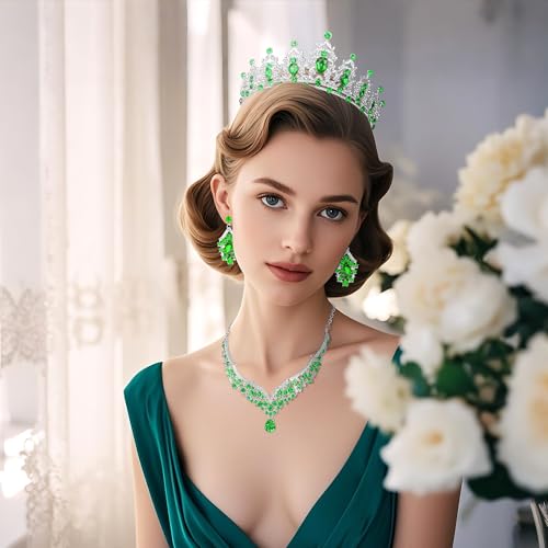 Crowns and Tiaras jewelry sets for Wedding princess birthday party Halloween Prom Pageant Jewelry for Women Crystal Bridal Jewelry Set for women - color: Silver Green