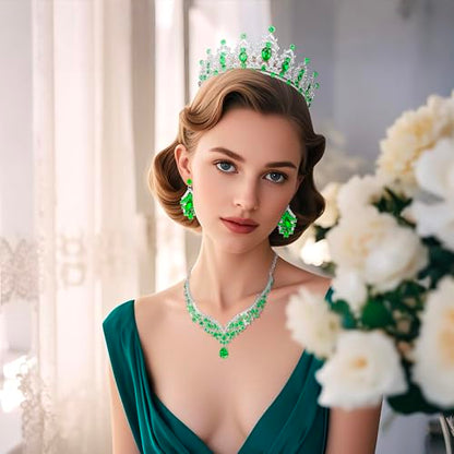 Crowns and Tiaras jewelry sets for Wedding princess birthday party Halloween Prom Pageant Jewelry for Women Crystal Bridal Jewelry Set for women - color: Silver Green