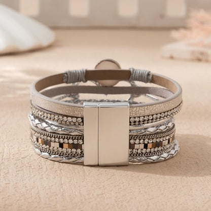 Rantanto Leather Wrap Bracelets For Women Gold Twist Lock Buckle Wrist Cuff | PU leather,Skin-friendly,Boho Stackable Wristband,Fashion Daily Jewelry,Trend Casual Party Bangle,Fit For Birthday, Holiday - color: Heart Silver