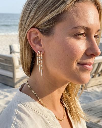 Gold Earrings for Women Trendy 14K Gold Plated Dangle Earrings Small Hoop Huggie Drop Stud Earrings Cubic Zirconia Simple Minimalist Dainty Chain Tassel Hypoallergenic Earrings - color: Tassel & Gold