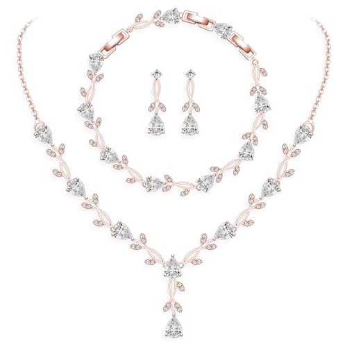 GZWHD Wedding Jewelry Sets for Bride Bridesmaid Women Cubic Zirconia Necklace Earrings Bracelet Set Gift for Mother Friend Wife Daughter Sister Party Prom Jewelry - color: Rose Gold-White