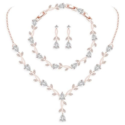 GZWHD Wedding Jewelry Sets for Bride Bridesmaid Women Cubic Zirconia Necklace Earrings Bracelet Set Gift for Mother Friend Wife Daughter Sister Party Prom Jewelry - color: Rose Gold-White