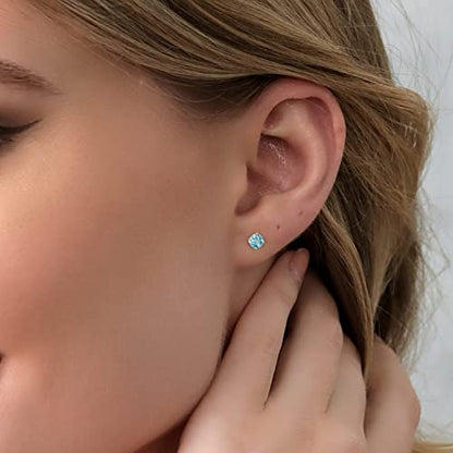 Gem Stone King 14K Gold Gemstone Birthstone Stud Earrings For Women Men | 4MM Round Cut | Solitaire Gold Studs with Secure Backs | Fine Jewelry for Her Him Mom Dad Wife - color: Blue Zircon