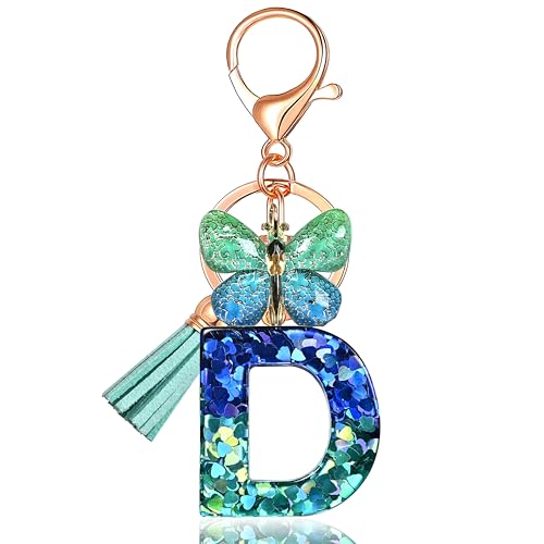 JINGUAZI Butterfly Initial Letter Keychain Bag Charms for Women | Cute pendant accessories for purses, handbags, backpacks, car keys, small gift for her young women, mothers, teachers - color: D-blue Green