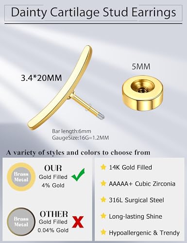 JeryWe Cartilage Earrings for Women Hypoallergenic Flat Back Earrings Surgical Steel for Sensitive Ears Flatback Stud Earring Helix Conch Tragus Daith Piercing Jewelry 16G