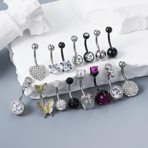 Vsnnsns 14G Belly Button Ring Piercing Jewelry 316L Stainless Surgical Steel Heart CZ Pearl Butterfly Flower Navel Rings Dangle Belly Button Ring Navel Piercing Jewelry for Women Men Hypoallergenic - color: Silver&Black B