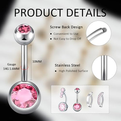 9PCS Belly Button Ring Dangle Stainless Steel Belly Rings 14G 1.6MM Belly Piercing Cute Navel Ring Piercing Jewelry Belly Ring for Women - color: 9PC Pink Set