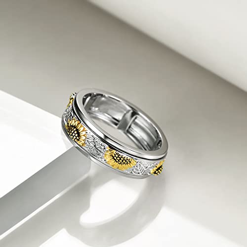 POPLYKE Sterling Silver Anxiety Spinner Rings Spinning Fidget Rings for Women Relieve Stress Jewelry Gifts - color: Sunflower