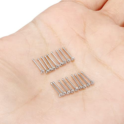 18G 20G 22G Nose Rings Studs with Cubic Zirconia 316L Surgical Steel Straight Screw L Shaped Nose Studs Piercing Jewelry for Women Men Girl CZ 1.5mm 2mm 2.5mm 3mm 20Pcs - color: A:22G Straight- Silver 1.5mm