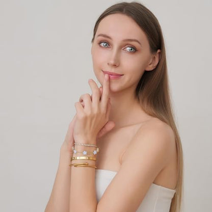 18 K Gold Plated Love Bangle Bracelet Stack for Women,Set of 4 Floral Clover Chain, Tennis Crystal &Gold Stackable Bangle Bracelet -Adjustable Layered Jewelry Gift for Wife Valentines Mother's Day-MVCOLEDY - color: White