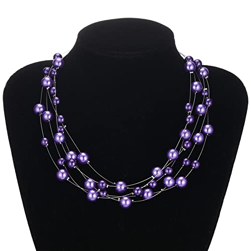 FULU AUTUMN Layered Pearl Necklace Multi-strand Pearl Choker Necklaces for Women Beaded jewelry for Wedding Parties - color: Purple