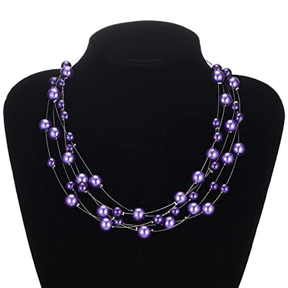 FULU AUTUMN Layered Pearl Necklace Multi-strand Pearl Choker Necklaces for Women Beaded jewelry for Wedding Parties - color: Purple