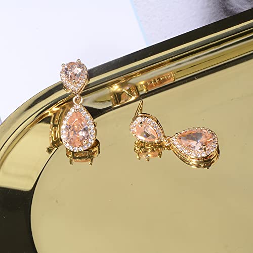Pave Teardrop Earrings for Wedding Sterling Silver Double Pear Shaped CZ Cubic Zirconia Crystal Rhinestone Birthstone Dangle Earrings Bridal Jewelry for Bride Bridesmaids - color: Champagne-14K Gold Plated