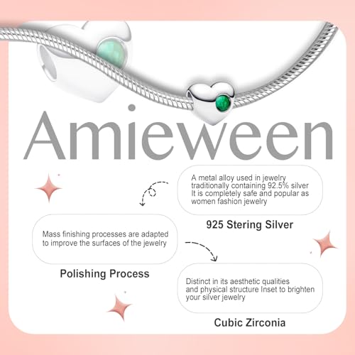 Birthstone Charm, Heart Charm Bead with CZ, for Anniversary Birthday Mothers Valentines Day Christmas Graduation, for Yourself Family Mom Friend Girlfriend Sister Grandma - style: May