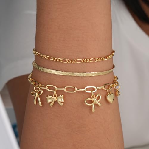 3PCS Charm Gold Bracelets for Women Non Tarnish,14k Plated Gold Bracelet Stack Cute Dainty Stackable Trendy Bow Cross Clover Bracelets Set Tarnish Free Gold Jewelry for Women Gifts - color: Bow-Gold
