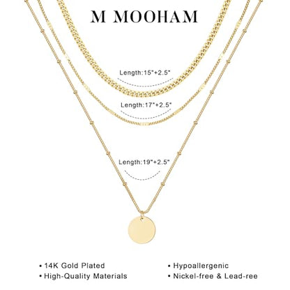 M MOOHAM Layered Gold Necklaces Stack for Women No Tarnish | 14K Gold Plated, Stackable Pendant Necklace Set, Snake Rope Cuban Paperclip Chain, CZ Coin Pendant, Dainty Jewelry Gifts - color: 3 Layered Cuban Thin Dot Coin Pendant-Gold