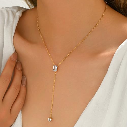 Dainty Y-Shaped Lariat CZ Drop Charm Pendant Necklaces for Women - color: Rectangle-CZ-GD