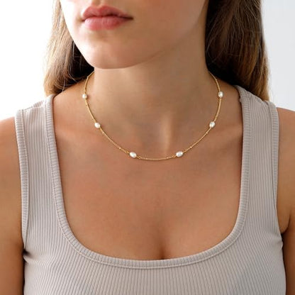 Dainty Pearl Pendant Necklaces for Women 14K Gold Plated Handmade Layered Pearl Chain Necklace Delicate Layered Pearl Necklace Everyday Jewelry Gift - color: NK02-Satellite-Gold
