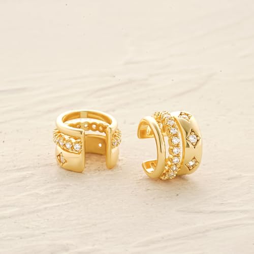 MYEARS Women Ear Cuff Earrings Gold Non Pierced Cartilage Clip on Open Wrap Hoop 14K Gold Plated Simple Hypoallergenic Everyday Jewelry - style: Triple Hoop / Pair