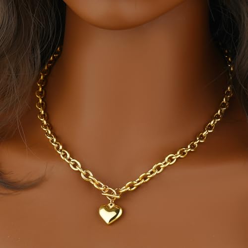 Chunky Gold Necklace for Women, 18K Waterproof Heart Necklace Statement Necklace Gold Charm Necklace Chunky Jewelry Paperclip Chain Choker Gift for Women - style: OT Chunky Chain Heart