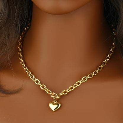 Chunky Gold Necklace for Women, 18K Waterproof Heart Necklace Statement Necklace Gold Charm Necklace Chunky Jewelry Paperclip Chain Choker Gift for Women - style: OT Chunky Chain Heart