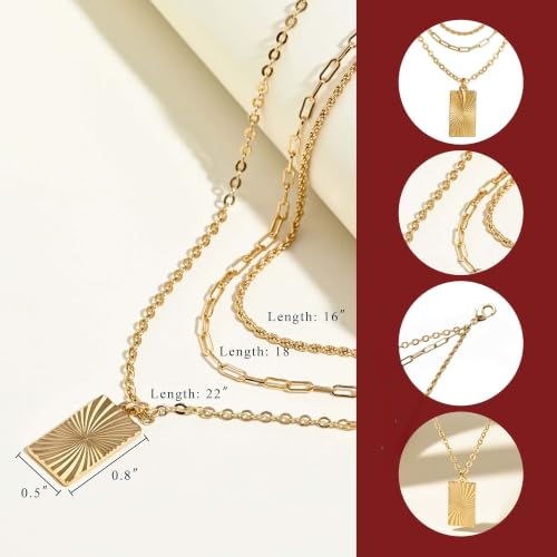 SEADAY Layered Gold Necklace for Women, 3-in-1 Gold Stack Necklace | Long Gold Necklace, Square, Hypoallergenic, Tarnish-resistant & Adjustable, Fashion Jewelry Gift Box & Gift Bag - color: Gold - Aura Rectangle