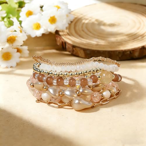 7PCS Boho Bohemia Multilayer Beaded Bracelet Set Stackable Crystal Bead Bracelets Heart Pearl Charms Multicolor Bohemian Stretch Bracelets for Women Summer Beach Jewelry Gifts - color: Gold