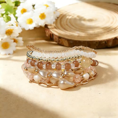 7PCS Boho Bohemia Multilayer Beaded Bracelet Set Stackable Crystal Bead Bracelets Heart Pearl Charms Multicolor Bohemian Stretch Bracelets for Women Summer Beach Jewelry Gifts - color: Gold