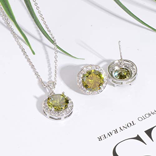 Bridal Crystal Jewelry Set - Sterling Silver Round Cubic Zirconia CZ Rhinestone Halo Birthstone Pendant Necklace Stud Earrings Set for Wedding Bride Bridesmaids Birthday Gift - color: Olive Green
