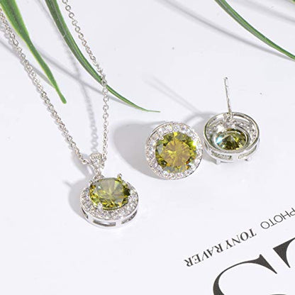 Bridal Crystal Jewelry Set - Sterling Silver Round Cubic Zirconia CZ Rhinestone Halo Birthstone Pendant Necklace Stud Earrings Set for Wedding Bride Bridesmaids Birthday Gift - color: Olive Green