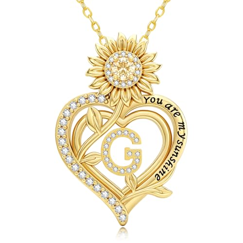 14K Gold Sunflower Initial Necklaces for Women | Heart Letter Pendant You Are My Sunshine Jewelry Gifts - style: G