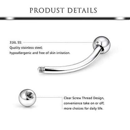 Hoeudjo 48PCS 16G Straight & Curved Barbells Snake Eyes Tongue Rings Surgical Steel Nipple Ring Nipplerings Piercing Jewelry for Women Men 14MM-16MM