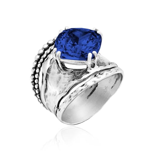 JEAN RACHEL JEWELRY 925 Sterling Silver Prong Solitaire Ring | Raised crown engagement style ring mounting a precision faceted brilliant Cubic Zirconia solitaire over stacked silver rows. - color: Sapphire CZ