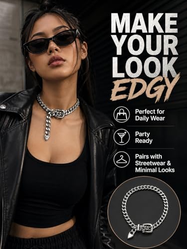 Cuban Link Chain Necklace Punk Belt Buckle Shaped Chunky Choker Necklace Statement Thick Chain Necklace Jewelry Gifts for Women Men - color: Style1-silver
