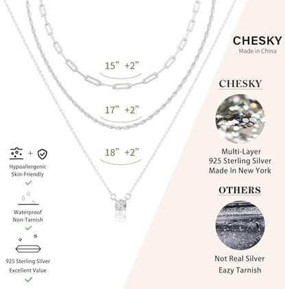 CHESKY Layered Silver Necklace for Women Trendy,Dainty Silver Plated Stackable Charm Necklace Layering Paperclip Tennis Rope Chain CZ Pendant Jewelry Set Gifts - style: CZ-silver