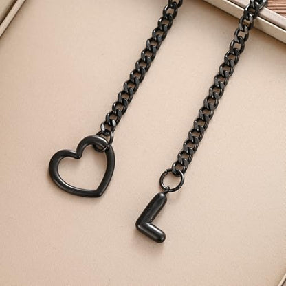 sroyte Black Heart Slip Chain Initial Necklaces for Women,Stainless Steel O-Ring Adjustable Lariat Heart Y-Necklace,Punk Gothic Cuban Collar Choker Necklace for women - color: Black L