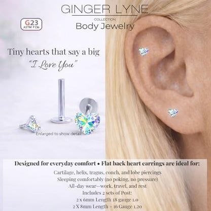 Titanium Heart CZ Labret Stud Earrings for Piercings by Ginger Lyne 6Pc Set G23 Screw Front Flat Back Body Jewelry 2 pair post 6mm, 8mm Cartilage, Helix, Tragus, Lip, Conch, Lobe - color: 5mm-AuroraBorealis