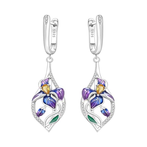 925 Sterling Silver Hoop Earrings Drop Dangle Earrings for Women Hypoallergenic Earring Trendy Huggie Earring Cute Graduation Birthday Gifts Jewelry for Women - color: Blue-purple Iris earrings