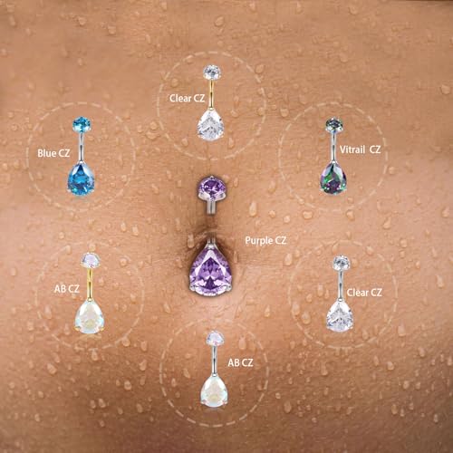 AROWRO Gold Belly Button Ring G23 Titanium Hypoallergenic 14G belly ring for Women Men Teardrop Navel Piercing Jewelry 10mm Barbell With Cubic Zircon - color: Silver+Teardrop Purple CZ