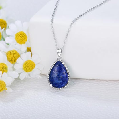 VONALA Sterling Silver Necklace Moss Agate/Turquoise/Larimar/Aquamarine/Opal/Black Onyx/Rose Quartz/Moonstone Pendant Teardrop Necklace Jewelry Gift for Women - style: Lapis lazuli