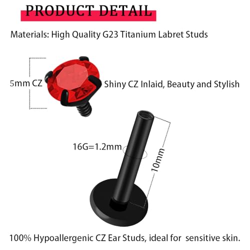 16G 18G Titanium Internal Thread CZ Stud Earrings Flat Back, Silver Black Tragus Helix Conch Cartilage Piercing Jewelry for Women Men 6mm 8mm 10mm Labret Studs 2PCS - color: Black, 16g, 10mm bar, 5mm Red CZ