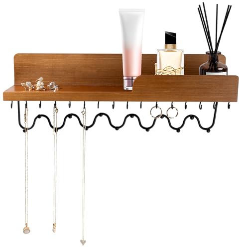 29 Hooks Wall Mount Necklace Holder Organizer, Natural Decorative Wood Jewelry Shelf with Gold Metal Wave Bar and Guardrail for Necklace, Pendant, Chain, Bracelet - color: Natural