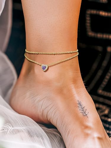 Richsteel Double Layer Heart/Butterfly Birthstone Anklet for Women | Non Tarnish Waterproof, Silver/Gold/Black Stainless Steel 8.5-10.5 Inch Adjustable Chain Anklets Summer Beach Foot Jewelry - color: Gold Heart-06 Jun.(Alexandrite)